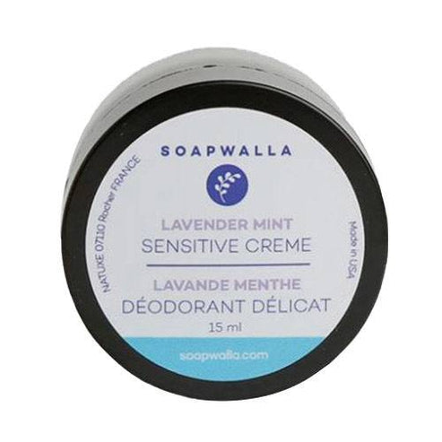 Soapwalla Lavender Mint Deodorant Cream for sensitive skin in a 15ml travel-size jar. Natural formula with lavender and peppermint for body care.