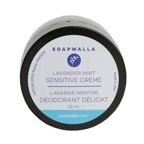 Soapwalla Lavender Mint Deodorant Cream for sensitive skin in a 15ml travel-size jar. Natural formula with lavender and peppermint for body care.