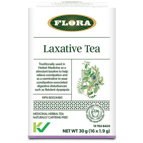 Flora Laxative Tea herbal supplement for constipation relief. Features caffeine-free formula with senna leaf and peppermint in 30g pack.