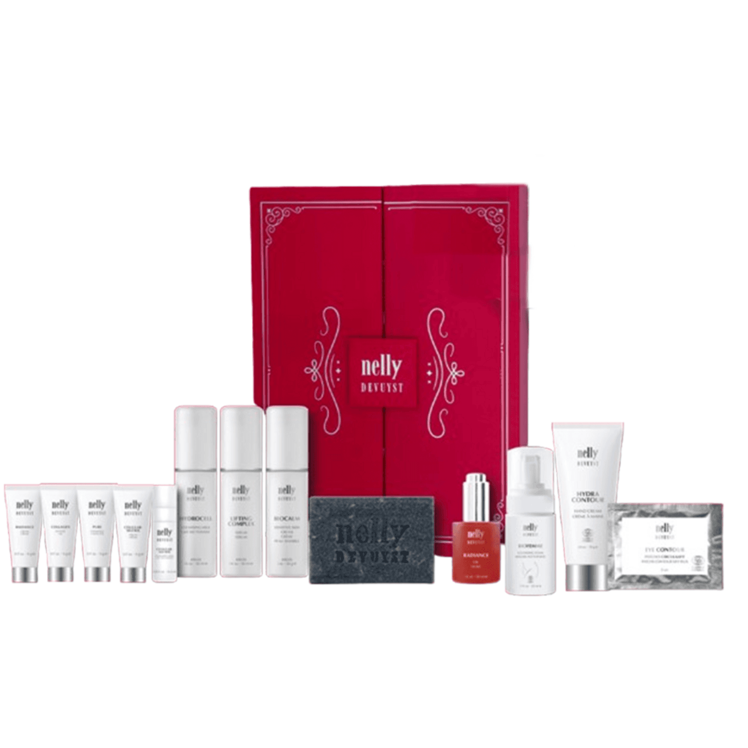 Nelly Devuyst Advent Calendar - Le Luxe Set featuring premium skincare products in a festive red box. Ideal holiday gift for beauty lovers.
