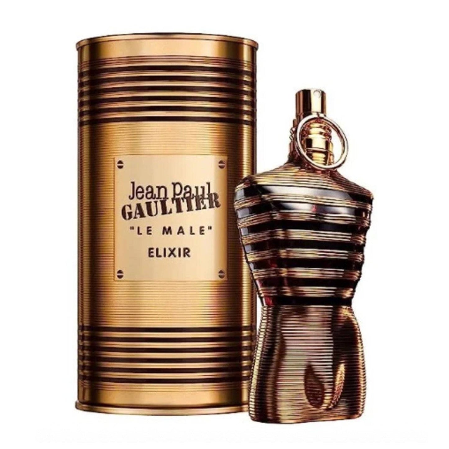 Jean Paul Gaultier Le Male Elixir men's fragrance with signature torso-shaped bottle and metallic gold canister packaging.