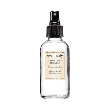 Evanhealy Lemon Thyme HydroSoul facial toner in a clear spray bottle, ideal for hydrating and toning oily or blemished skin.