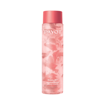 Payot Lifting Infusion Facial Toner in a clear bottle with visible rose petals, ideal for antioxidant-rich skincare routines.
