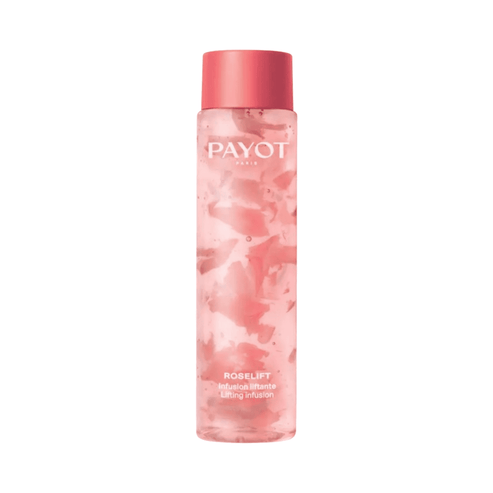 Payot Lifting Infusion Facial Toner in a clear bottle with visible rose petals, ideal for antioxidant-rich skincare routines.