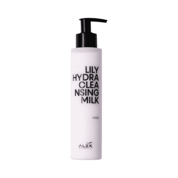 Alex Cosmetics Lily Hydra Cleansing Milk face wash cleanser in a sleek white pump bottle. Gentle formula removes impurities and makeup effectively.