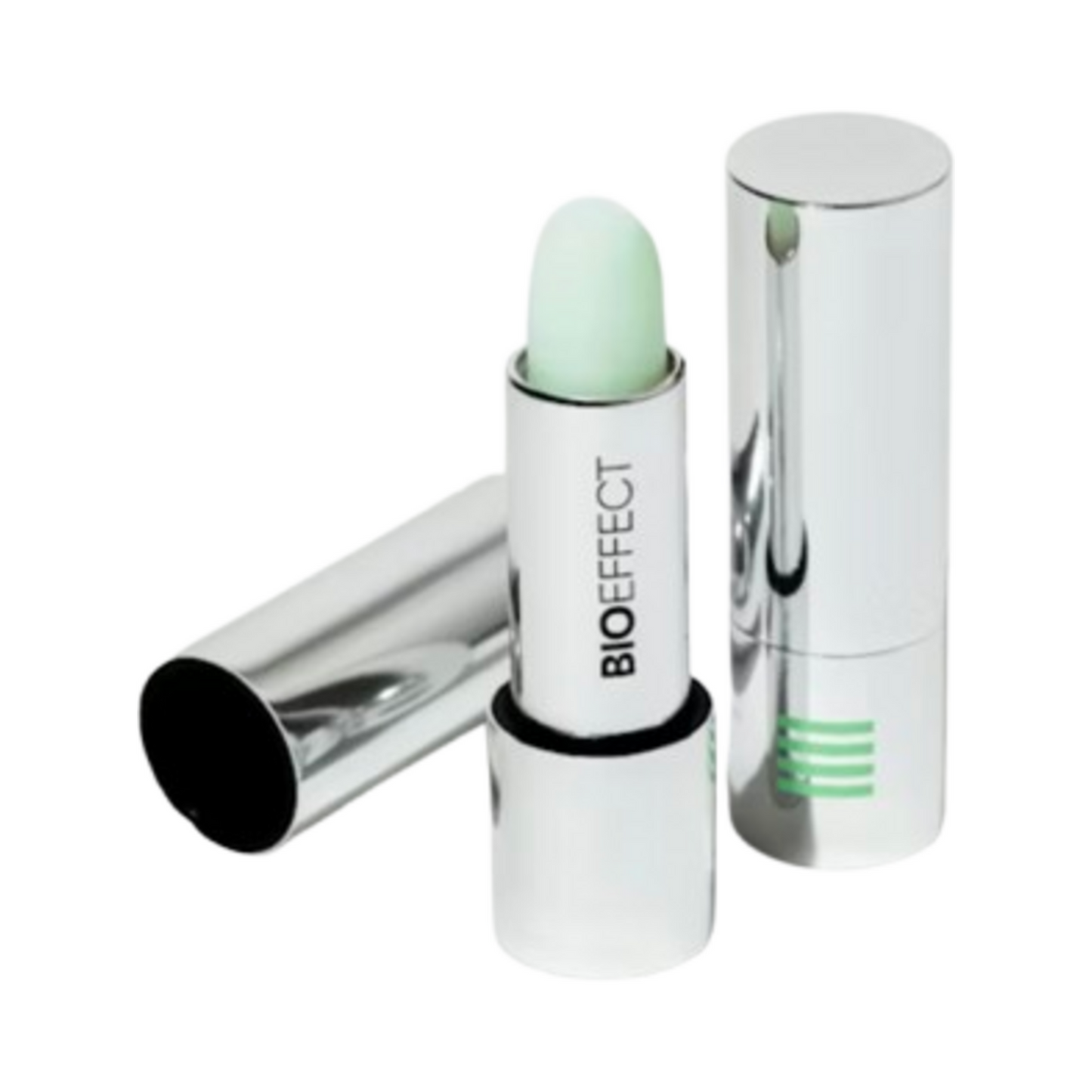BIOEFFECT Lip Balm open with cap off, revealing mint green balm in silver tube, perfect for moisturizing and treating dry lips.