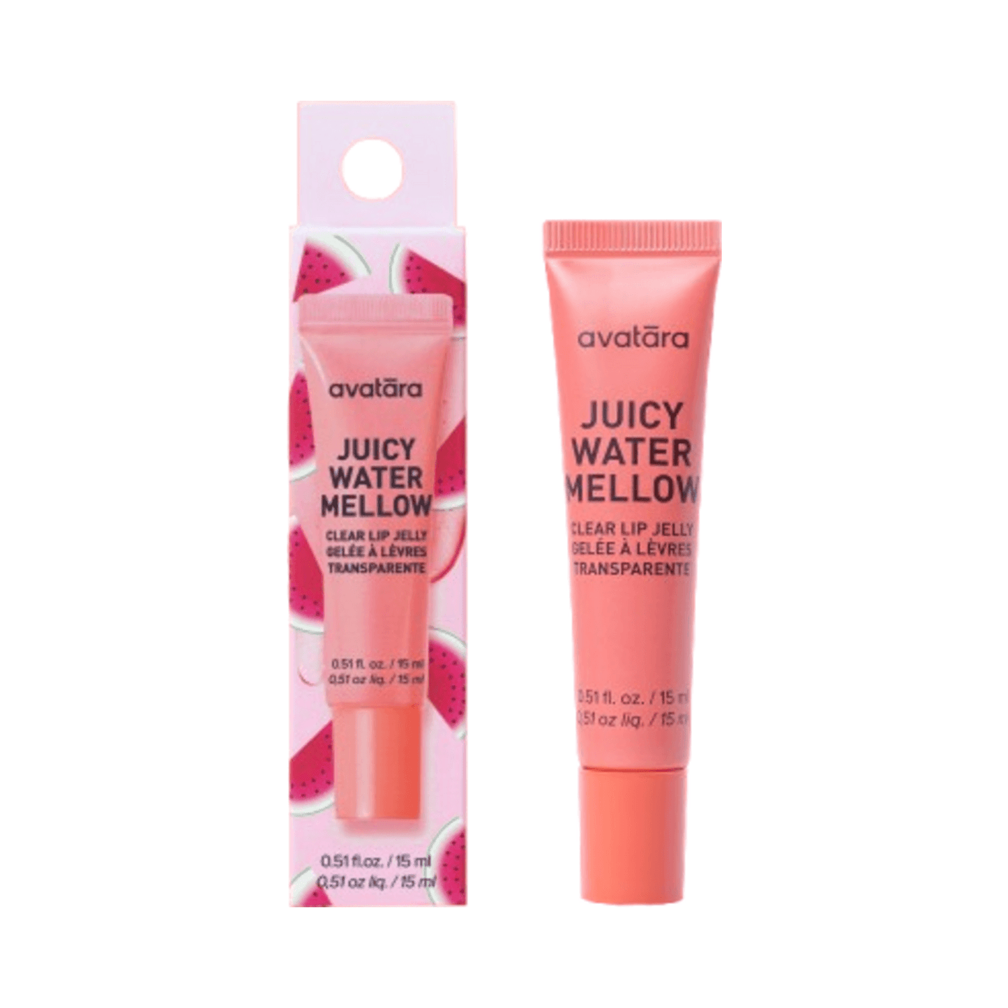 Clear Avatara Lip Jelly in Watermellow flavor, shown with packaging, ideal for daily lip hydration using fruit extracts and botanicals.