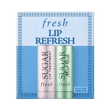 Fresh Lip Refresh Sugar Rose Lip Duo featuring full-size Sugar Lip Treatment and Sugar Mint Rush in a blue gift box. Ideal for lip hydration and care.