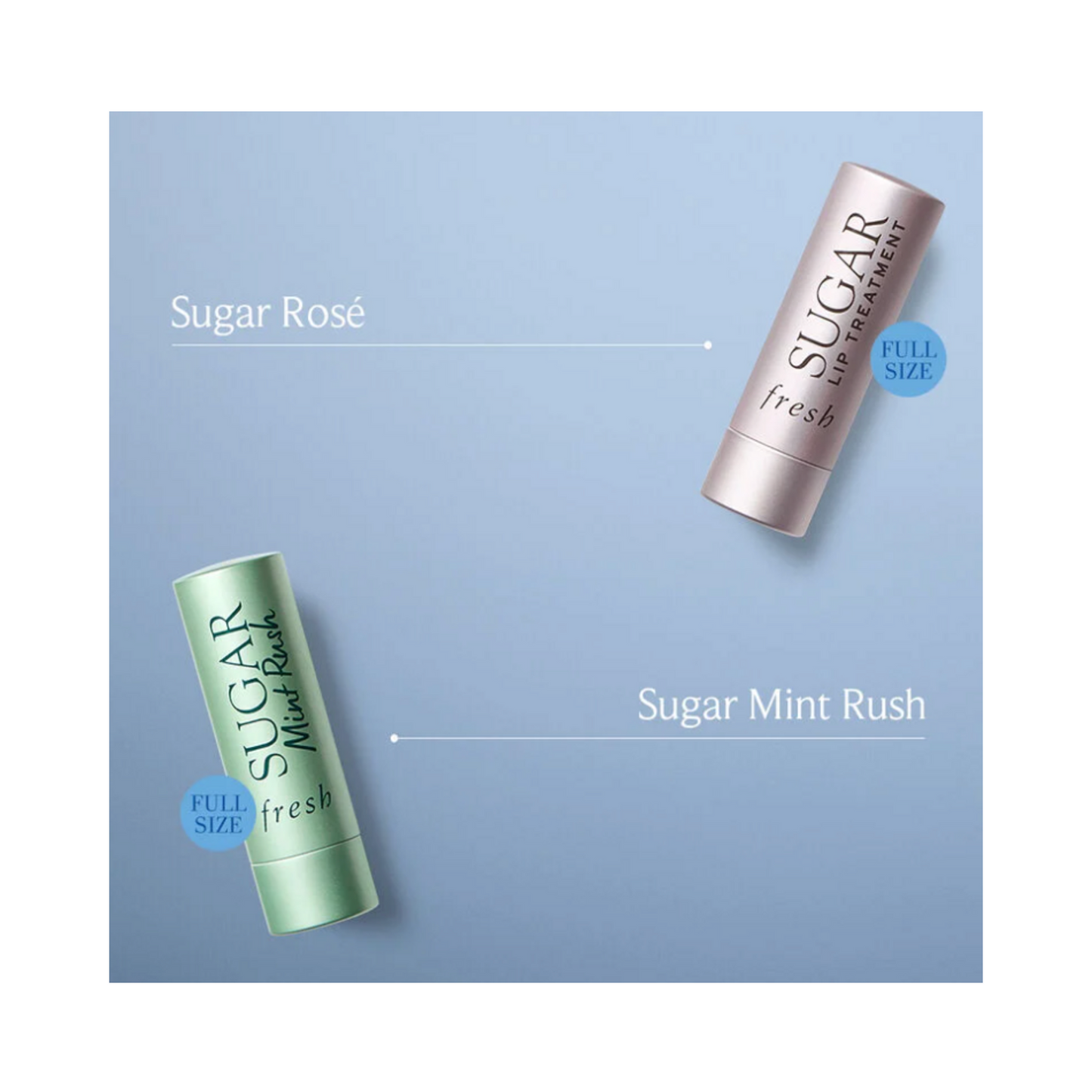 Full-size Sugar Rosé and Sugar Mint Rush lip balms from Fresh Lip Refresh Duo. Hydrating and refreshing lip treatments for daily use.
