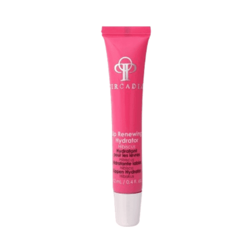 Circadia Lip Renewing Hydrator in Hibiscus pink tube for firming, plumping, and hydrating lips. Ideal lip treatment for dry, aging skin.
