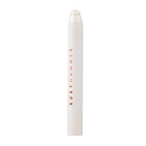 Ruby Hammer Lip Serum Balm in clear finish. Transparent hydrating balm for natural shine and lip comfort in a minimalist white tube.