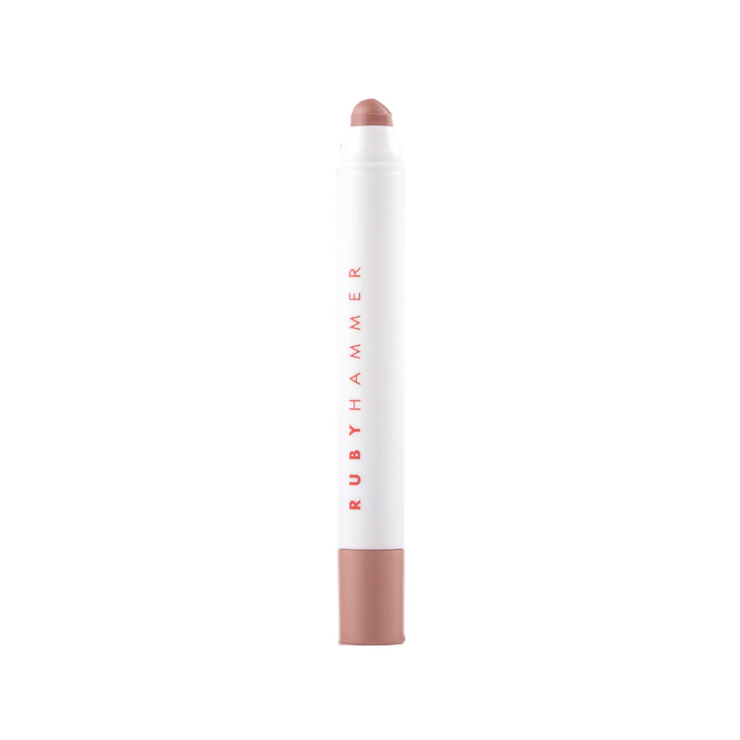Ruby Hammer Lip Serum Balm in nude pink shade. Moisturizing lip balm offering subtle color and hydration in a chic white tube.