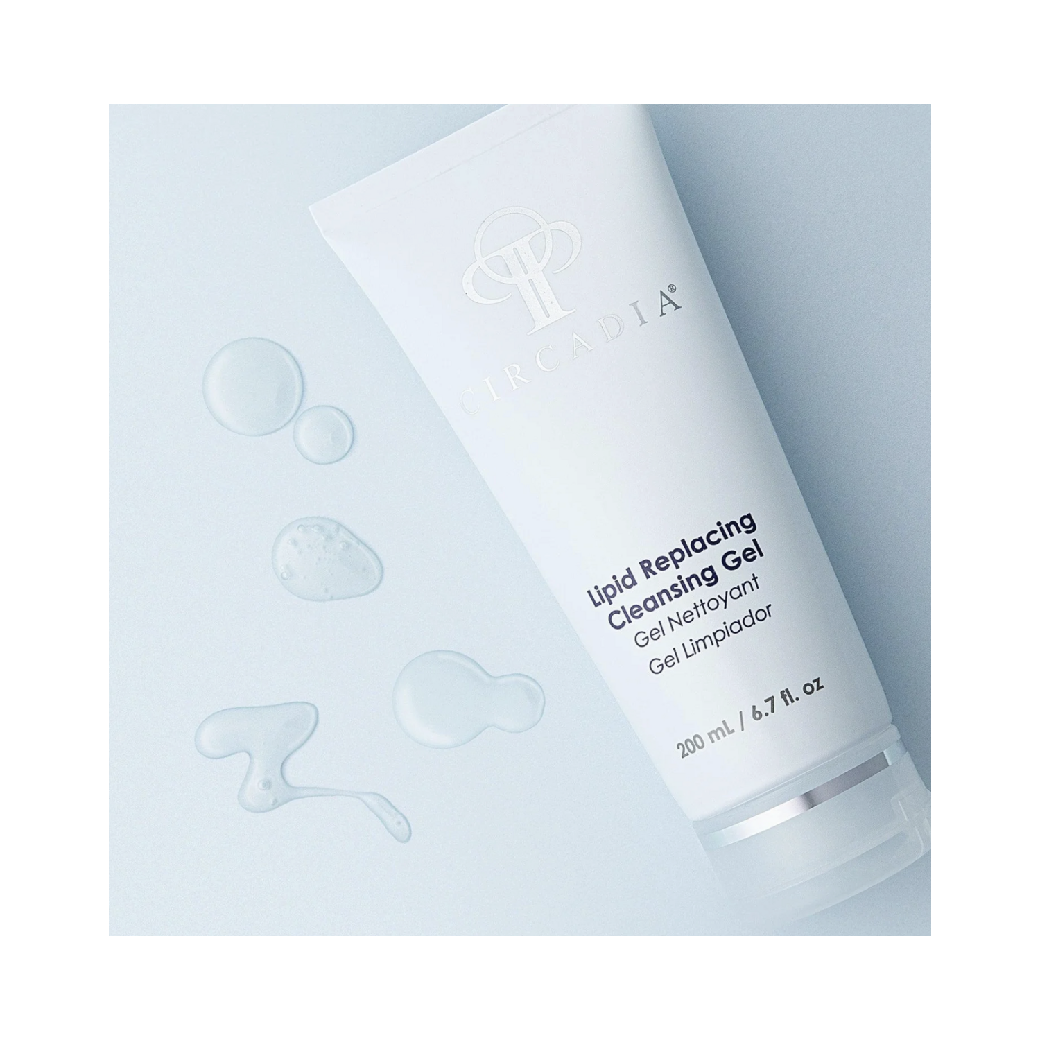 Circadia Lipid Replacing Cleansing Gel with clear gel texture shown beside the tube, ideal for gentle facial cleansing and makeup removal.