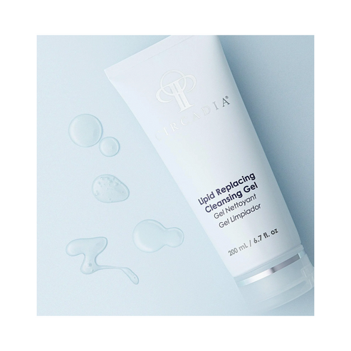 Circadia Lipid Replacing Cleansing Gel with clear gel texture shown beside the tube, ideal for gentle facial cleansing and makeup removal.