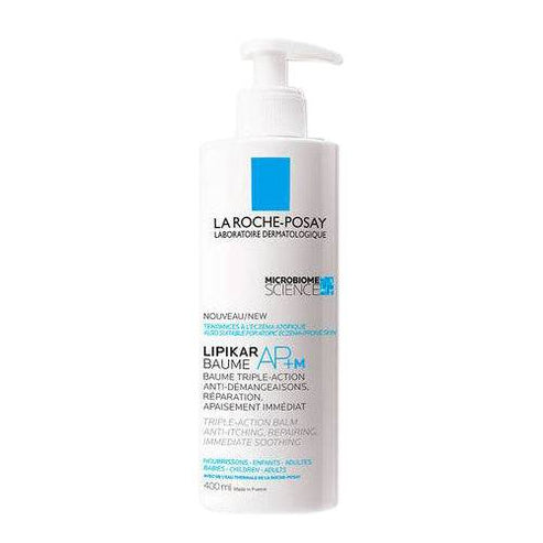 La Roche Posay Lipikar Balm AP+ body treatment in 400ml pump bottle for dry, itchy skin relief with niacinamide and shea butter.
