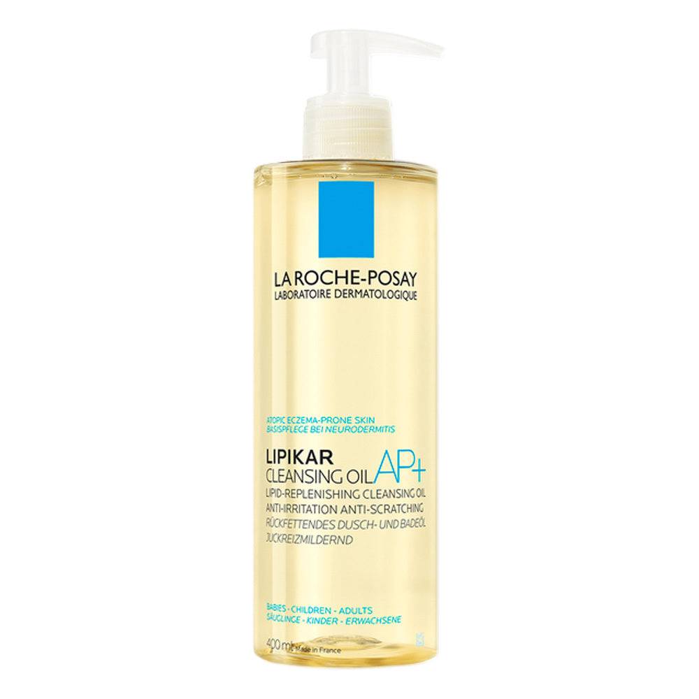 La Roche Posay Lipikar Cleansing Oil AP+ with niacinamide and shea butter, designed to reduce itching and replenish lipids for smooth, healthy skin.
