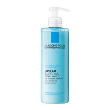 La Roche Posay Lipikar Surgras Body Wash in a blue pump bottle, designed to cleanse and restore dry skin with shea butter and niacinamide.