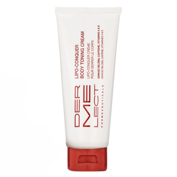 Dermelect Lipo Conquer Toning Cream tube with red cap, designed to firm and hydrate sagging skin on arms, thighs, and love handles.