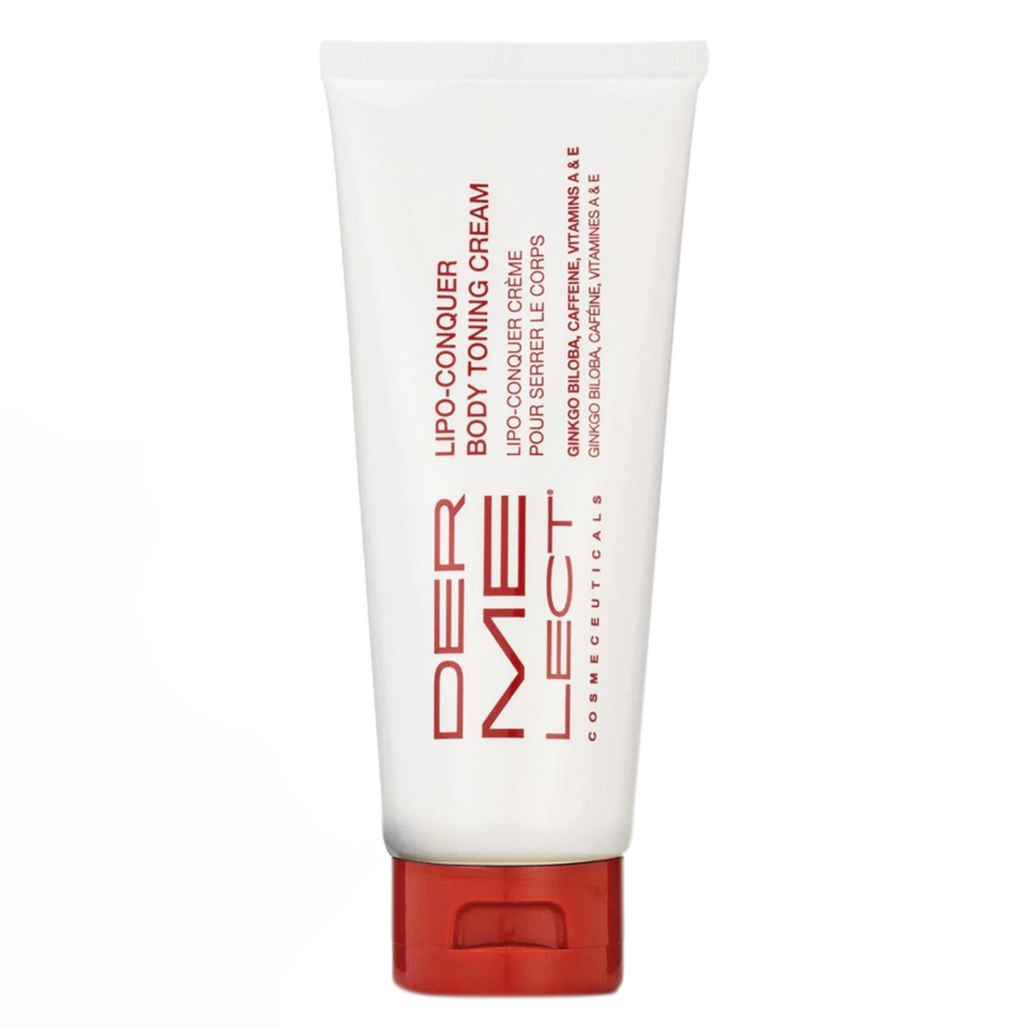 Dermelect Lipo Conquer Toning Cream tube with bold red branding, ideal for hydrating and firming mature skin areas like thighs and arms.