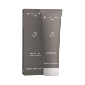 Bioline Lipoactive Thermo Cream body treatment in sleek brown tube with matching box, designed to reduce stubborn fat and improve skin texture.