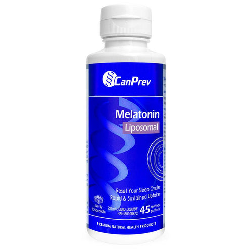 CanPrev Liposomal Melatonin Supplement in Nutty Chocolate flavor, 225ml bottle for sleep aid. Supports natural sleep cycles with 45 servings.