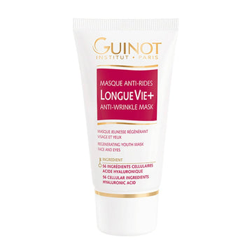 Guinot Longue Vie Anti-Wrinkle Mask tube with 56 cellular ingredients and hyaluronic acid for face and eyes. Ideal for anti-aging skin care routines.