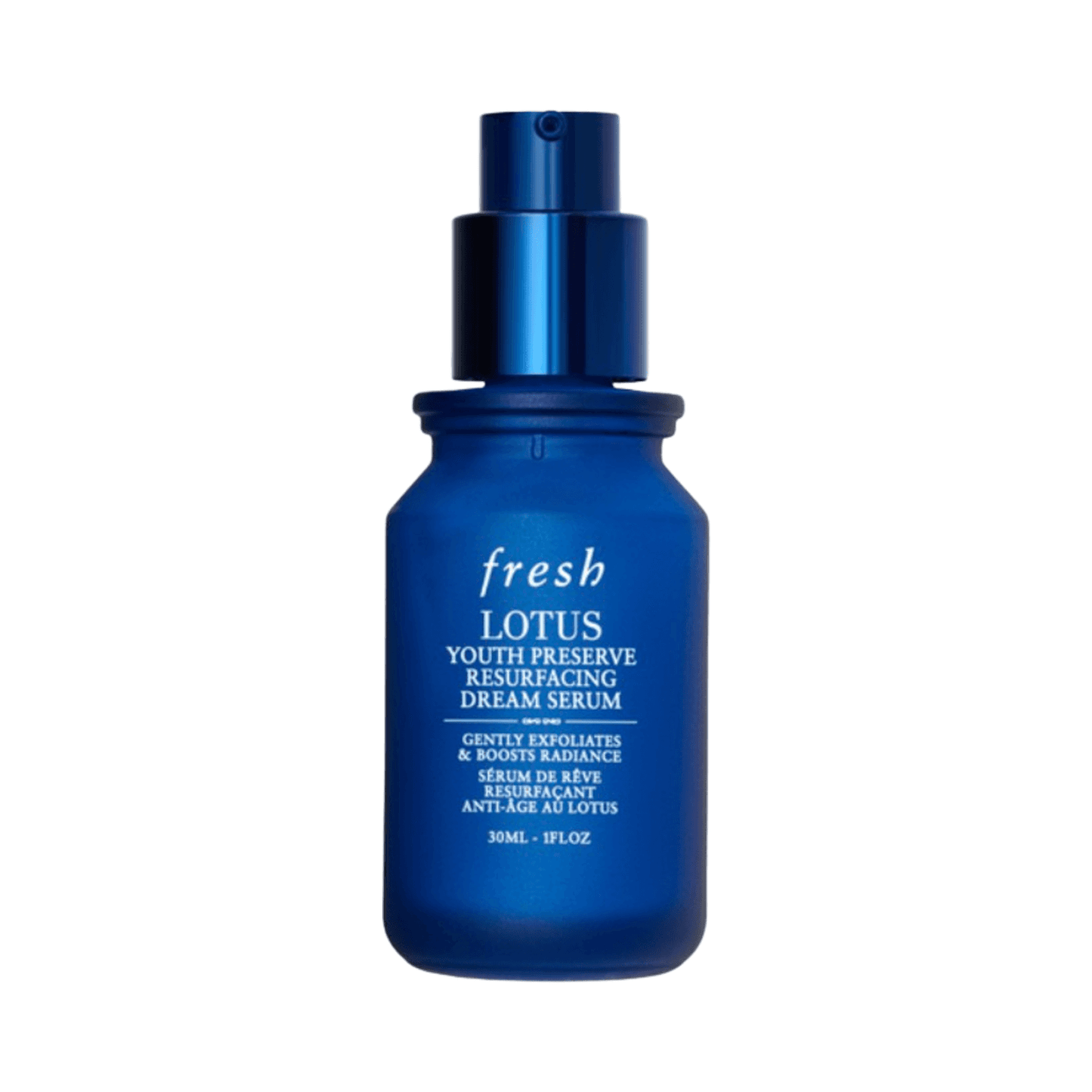 Lotus Youth Preserve Serum - Night Radiance Boost in a 30ml blue bottle, ideal for resurfacing and brightening skin overnight.