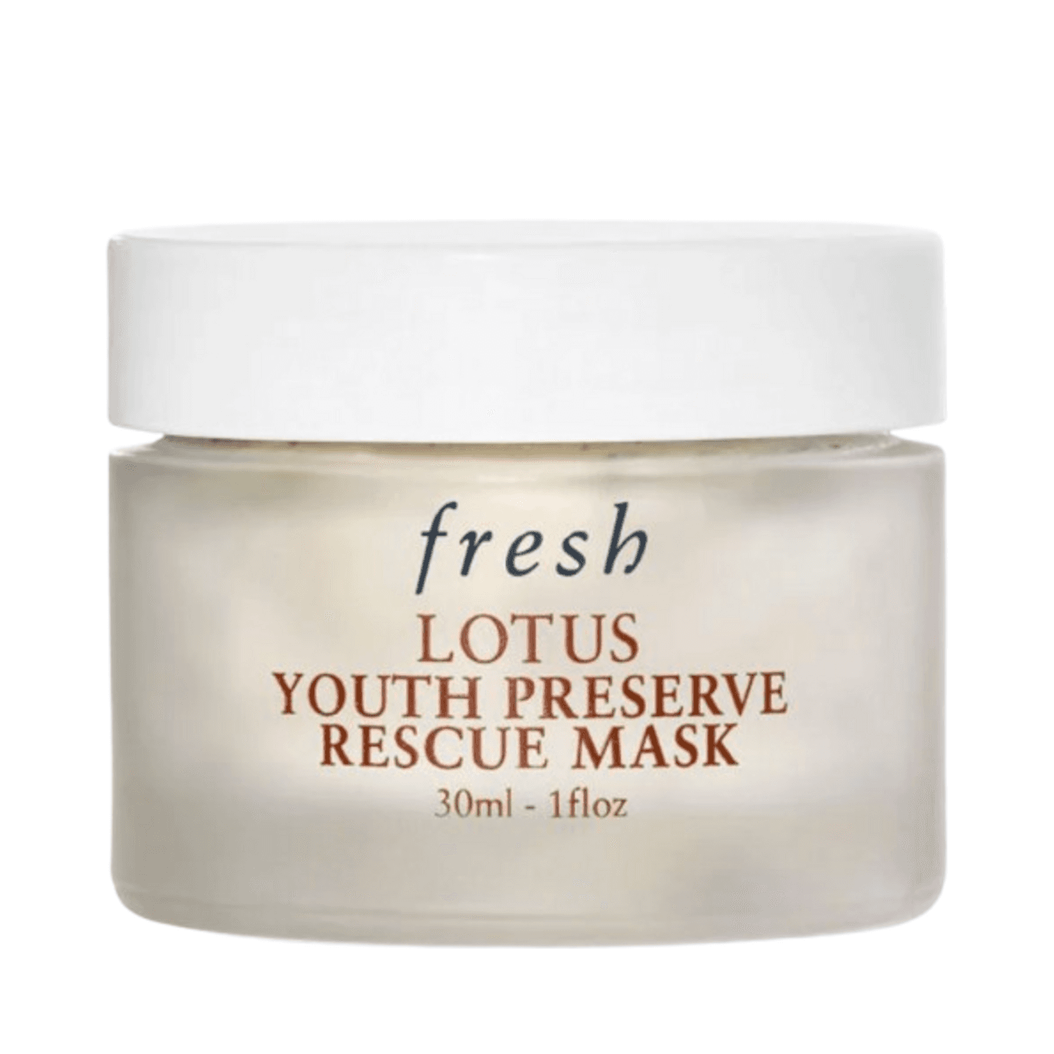 Fresh Lotus Youth Preserve Exfoliating Rescue Mask 30ml jar with white lid, ideal for dull skin and uneven texture treatment.