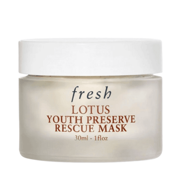 Fresh Lotus Youth Preserve Exfoliating Rescue Mask 30ml jar with white lid, ideal for dull skin and uneven texture treatment.