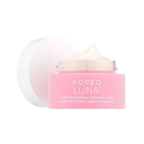 Foreo Luna Ultra-Nourishing Cleansing Balm Makeup Remover in a pink 75ml jar with open lid, ideal for face cleansing and makeup removal.