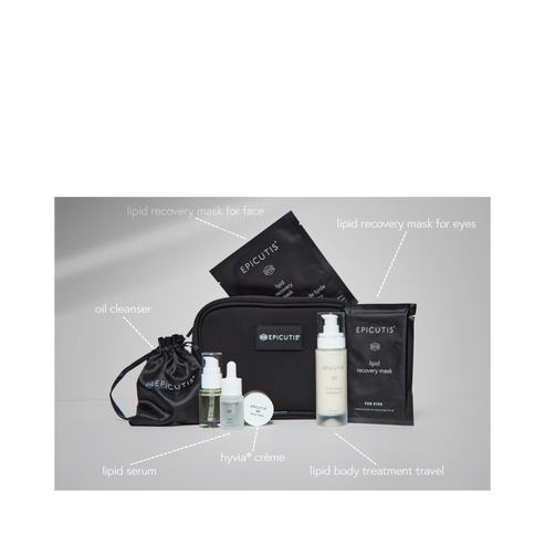 Epicutis travel skincare kit with labeled components including lipid serum, hyvia crème, and recovery masks for face and eyes in a sleek pouch.
