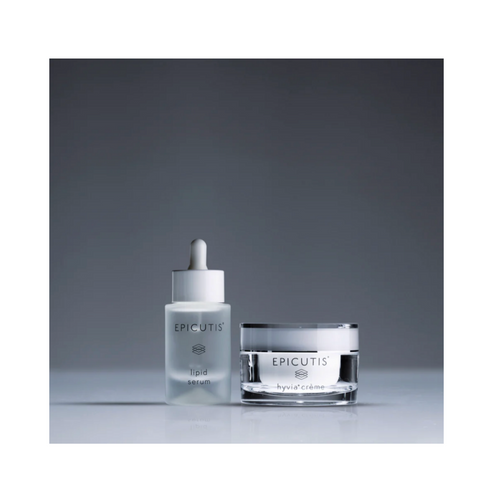 Epicutis Luxury Skincare Set in elegant lighting, showcasing Lipid Serum and Hyvia Crème for deep hydration and skin nourishment.