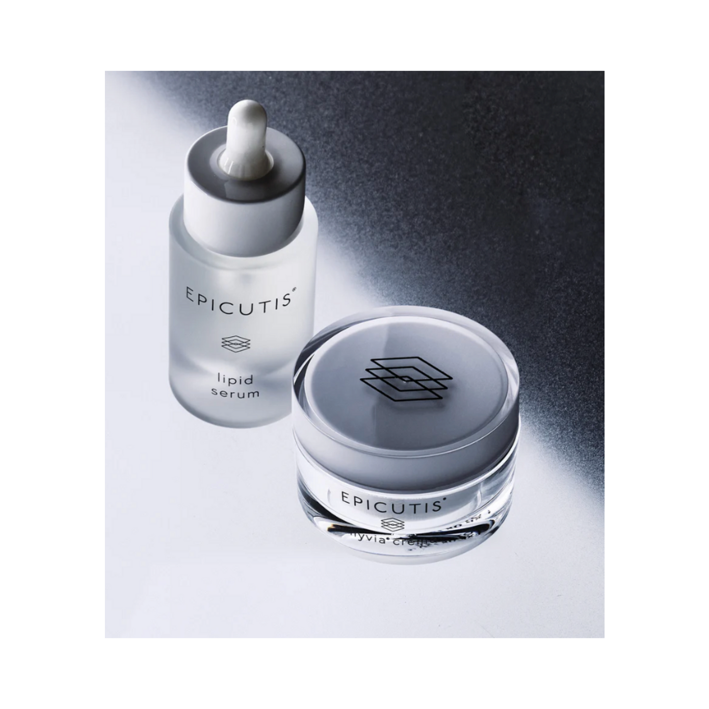 Top view of Epicutis Luxury Skincare Set with Lipid Serum and Hyvia Crème, formulated with Ferulic Acid and Rose for radiant skin.