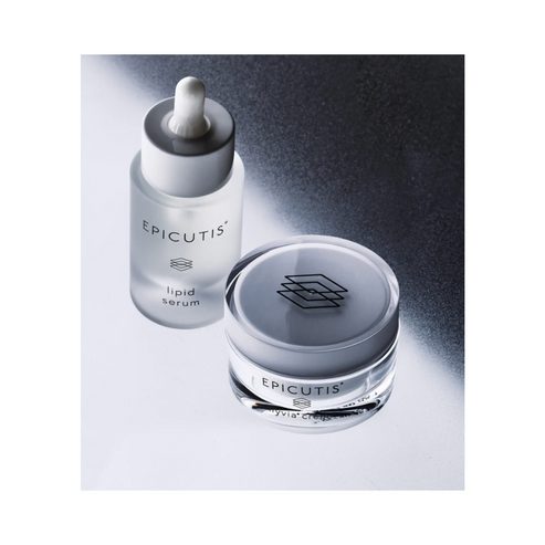 Top view of Epicutis Luxury Skincare Set with Lipid Serum and Hyvia Crème, formulated with Ferulic Acid and Rose for radiant skin.