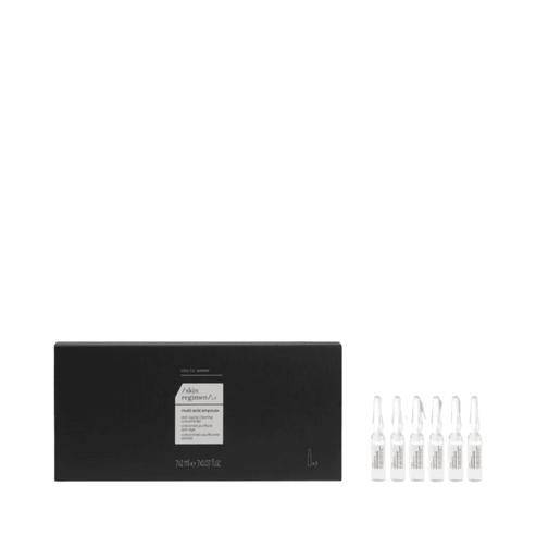 Skin Regimen Lx Multi Acid Ampoules skincare set featuring six treatment vials and a black box for radiant, clear skin.