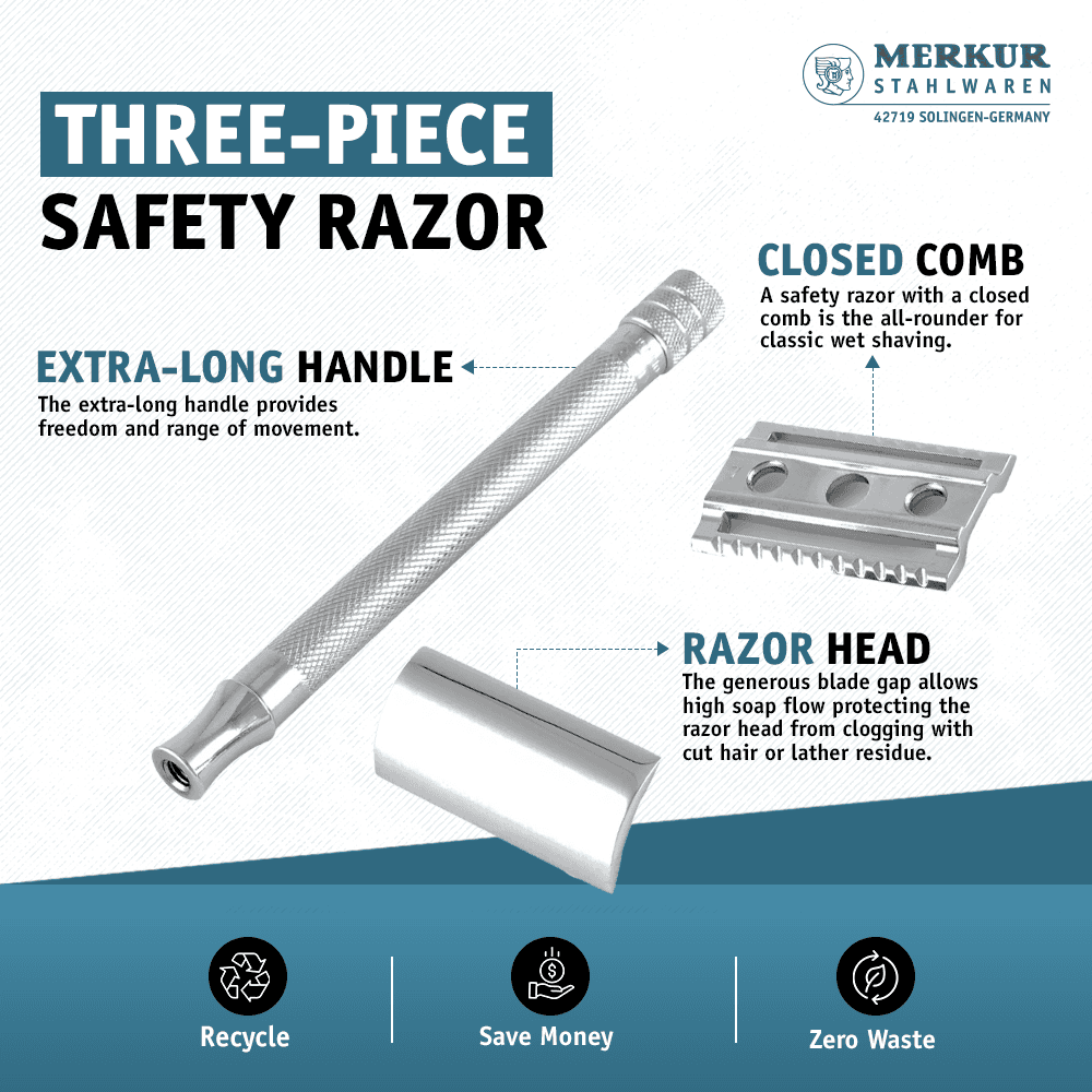 Merkur 3-Piece Ladies DE Safety Razor, Closed Comb, Knurled Extra Long Handle, Chrome, Pink Box