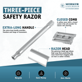 Merkur 3-Piece Ladies DE Safety Razor, Closed Comb, Knurled Extra Long Handle, Chrome, Pink Box