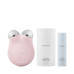 NuFace MINI+ Petite Facial Toning Device - Sandy Rose sett med Aqua Gel og Silk Creme for ansikts- og nakketoning. Ideell for hudpleie på farten.