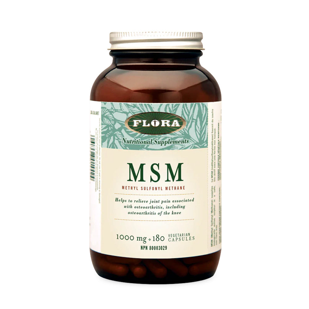 Flora MSM 1000mg 180 vegetarian capsules for effective osteoarthritis pain relief. Natural joint support superfood in health and fitness care.