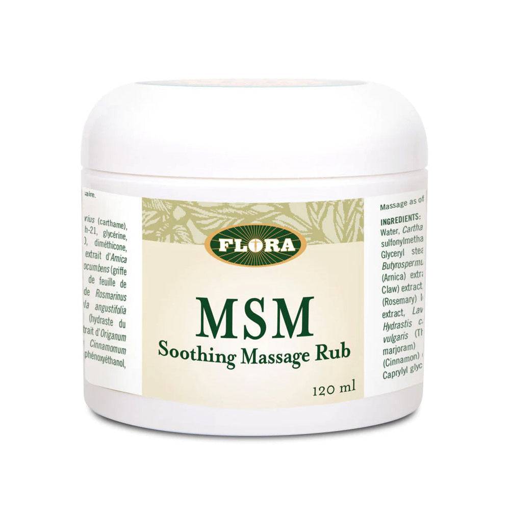 Flora MSM Massage Rub - MSM Joint Pain Relief | Natural Ease body treatment in 120ml jar with arnica, lavender, and shea butter for soothing care.