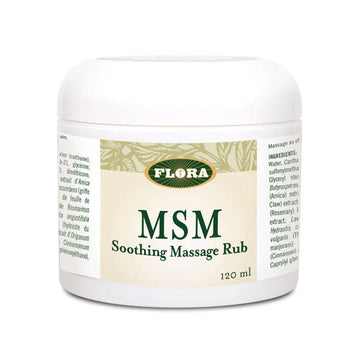 Flora MSM Massage Rub - MSM Joint Pain Relief | Natural Ease body treatment in 120ml jar with arnica, lavender, and shea butter for soothing care.