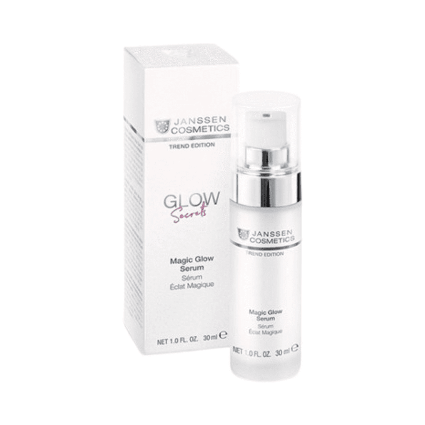 Janssen Magic Glow Serum 30ml bottle and box, enriched with caffeine and algae extract for luminous, hydrated skin.