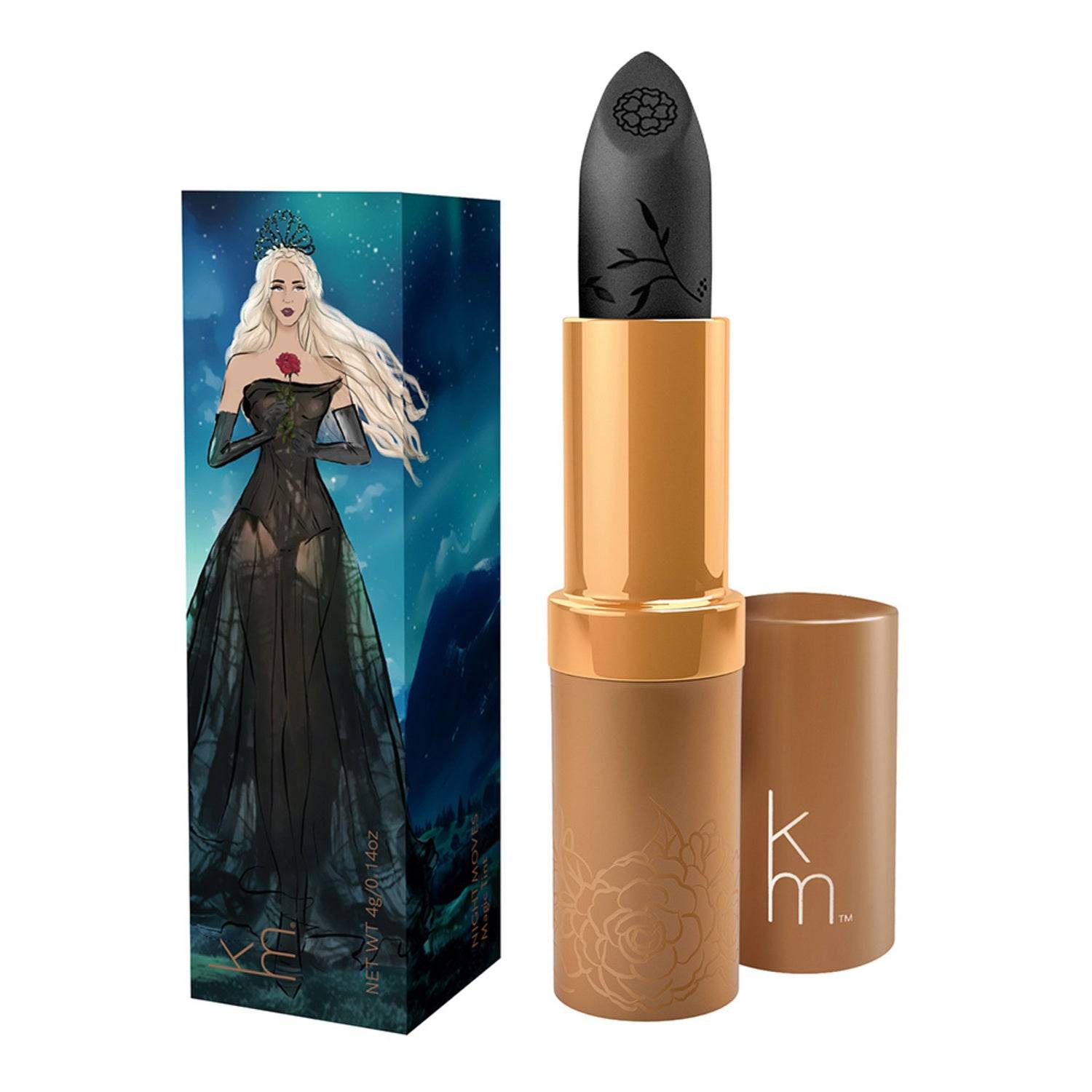 Limited edition Karen Murrell Magic Tint Night Moves lipstick with illustrated box design and jojoba-infused formula for lips.