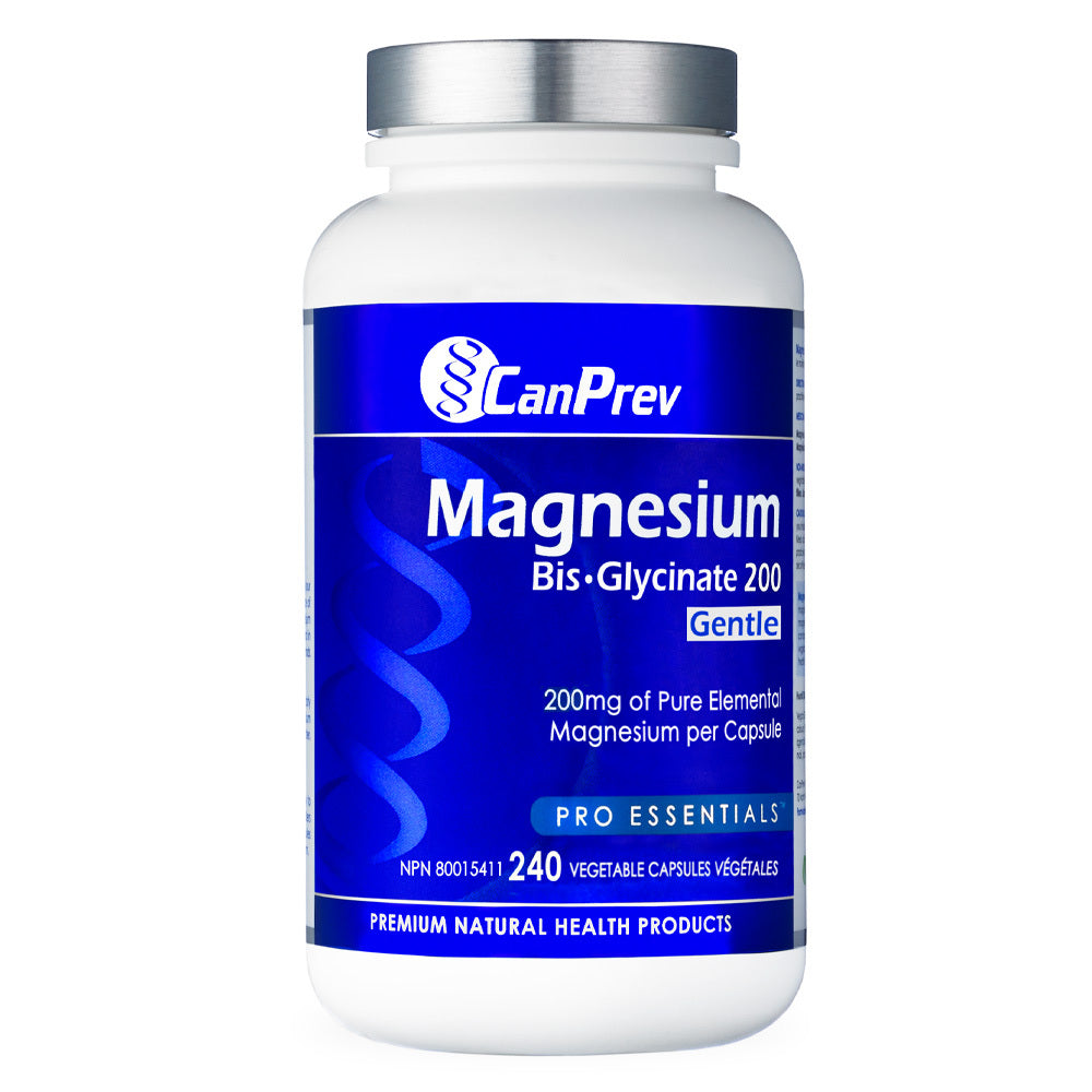 CanPrev Magnesium Bis-Glycinate 200 Gentle 240 capsules bottle for lifestyle and wellness. High-absorption magnesium supplement for overall health.