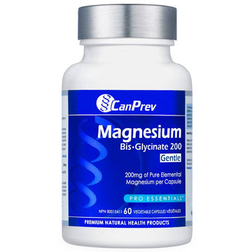 CanPrev Magnesium Bis-Glycinate 200 Gentle supplement bottle with 60 vegetable capsules for superior absorption and gentle digestion.