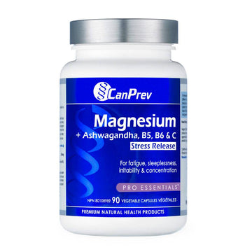CanPrev Magnesium Stress Supplement with Ashwagandha, B5, B6 & C in a 90-capsule bottle, designed to reduce stress and support relaxation.