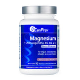 Front label of CanPrev Magnesium Stress Release supplement featuring key ingredients like Ashwagandha and vitamins B5, B6, and C for stress relief.