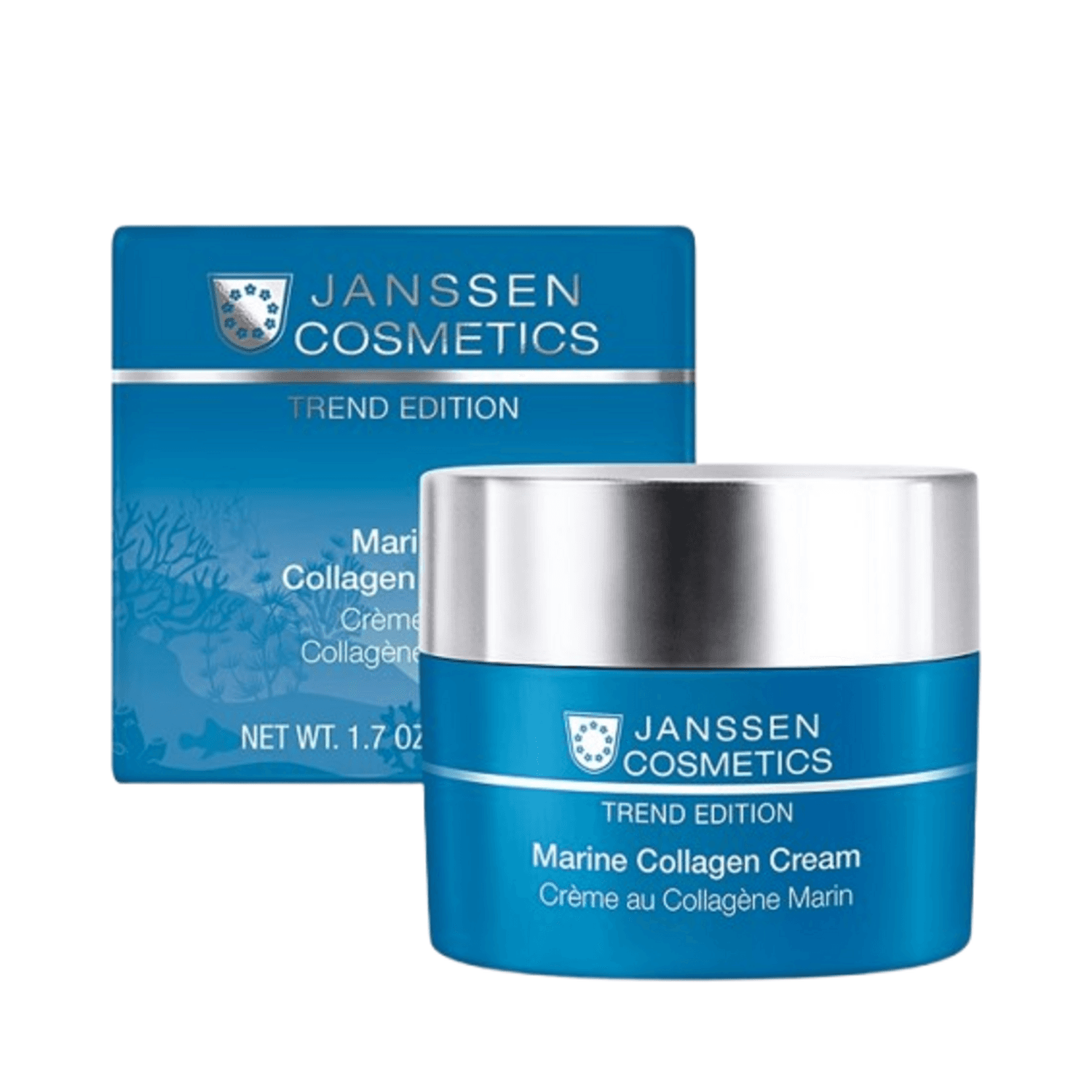 Janssen Cosmetics Marine Collagen Cream with product box. Anti-ageing face cream with marine collagen for visible lifting effect.