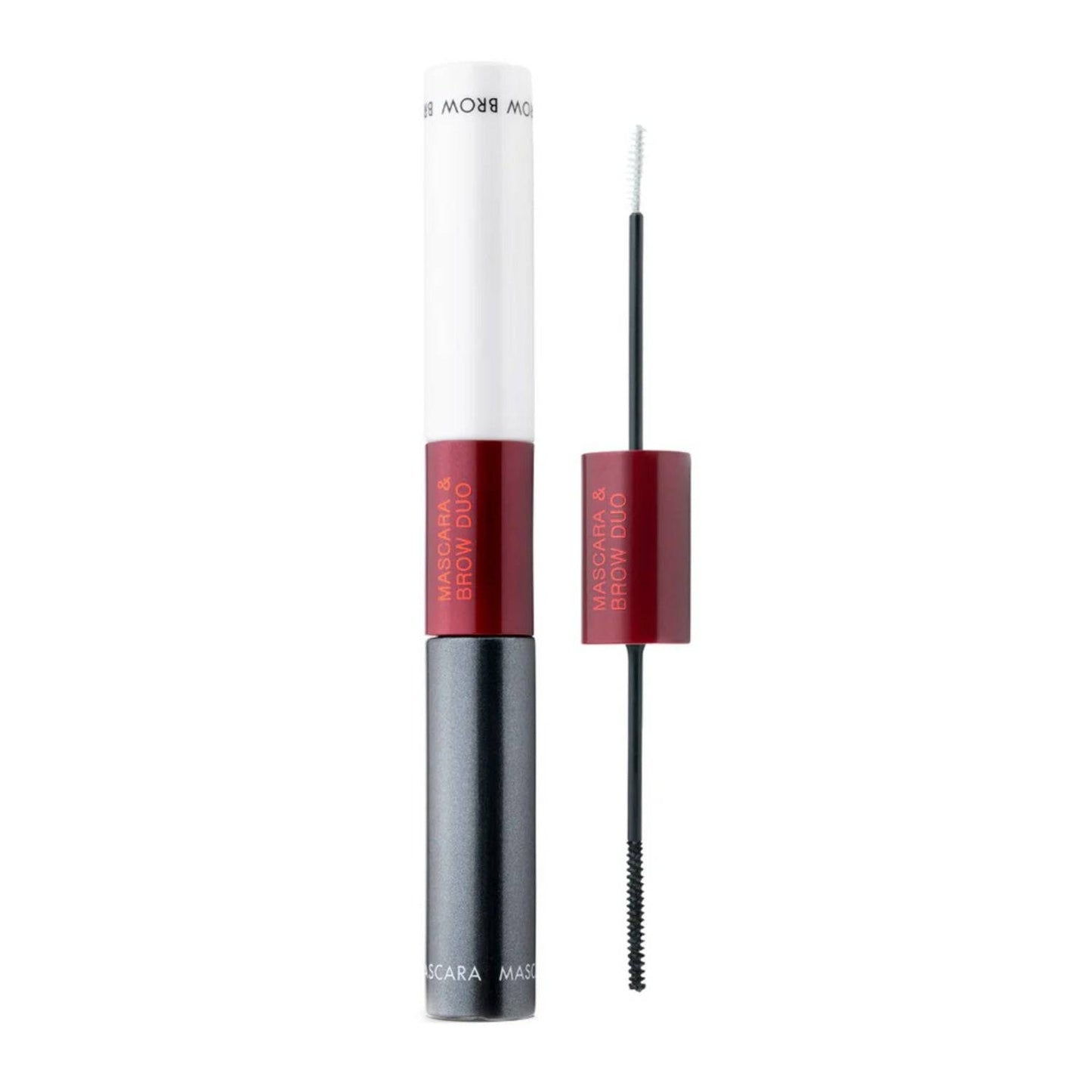 Dual-use Ruby Hammer Mascara and Brow Duo in sleek red and black packaging, ideal for nourishing and styling eyebrows and eyelashes.