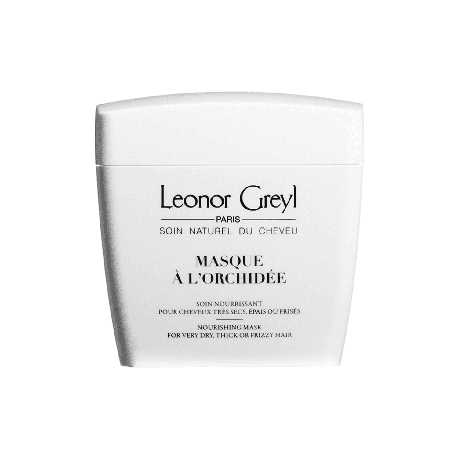 Leonor Greyl Masque Orchidee hair mask for frizz control in white jar packaging. Ideal for thick, dry, or frizzy hair care treatment.
